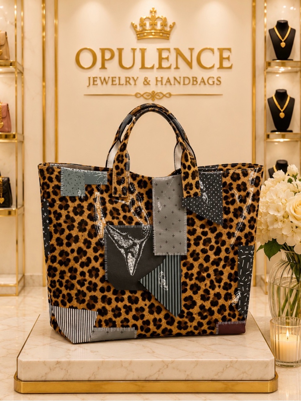 Leopard Patchwork Tote Bag in Orange and Black